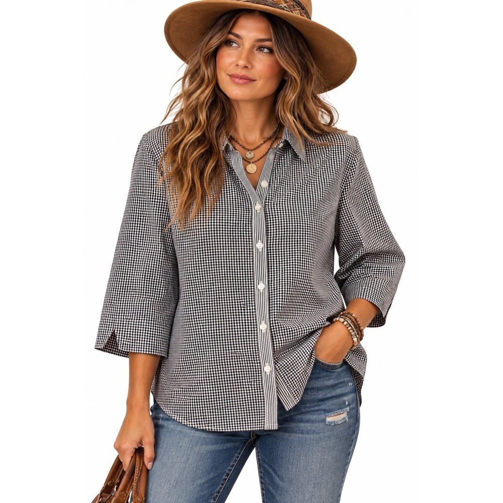 Chico's No-Iron Shirt Tunic Top 3 XL Black Check Gingham Cotton Career Office